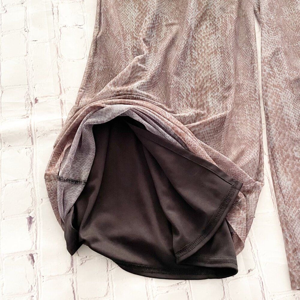 Cache Snake Print Lined mesh Sheer Flowy Palazzo Purple Taupe Wide Leg Pants M - Picture 10 of 12